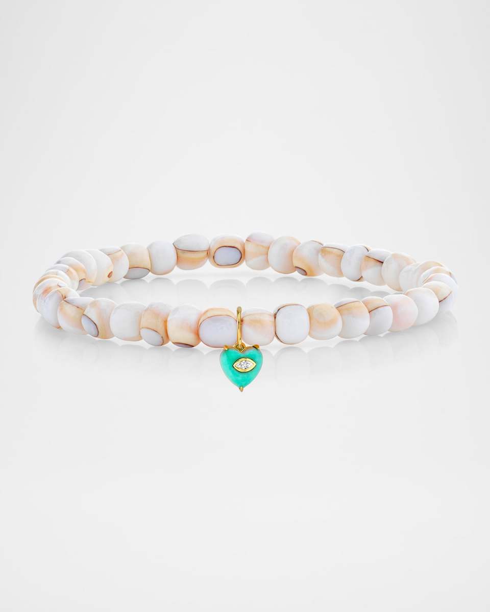 Small Turquoise Heart and Marquise Diamond Charm on Mosaic Luanos Shell Bracelet